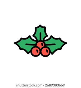 Vector de muérdago con hojas y bayas rojas en estilo de contorno de color. Ideal para tarjetas de Navidad, gráficos de decoración de invierno y temas de amor festivos.