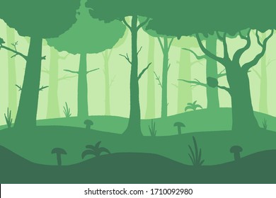 Vector misty forest background. Forest layers nature illustration.