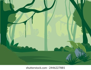 Vector misty forest background. Forest layers nature illustration.