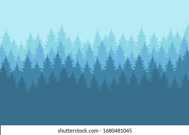 Vector misty forest landscape with detailed blue silhouettes of coniferous trees - seamless pattern