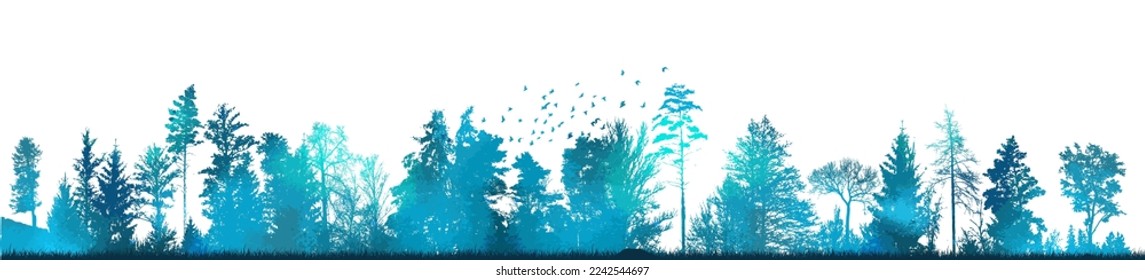 Paisaje forestal de niebla vectorial con detalladas siluetas azules de árboles de coníferas. patrón transparente