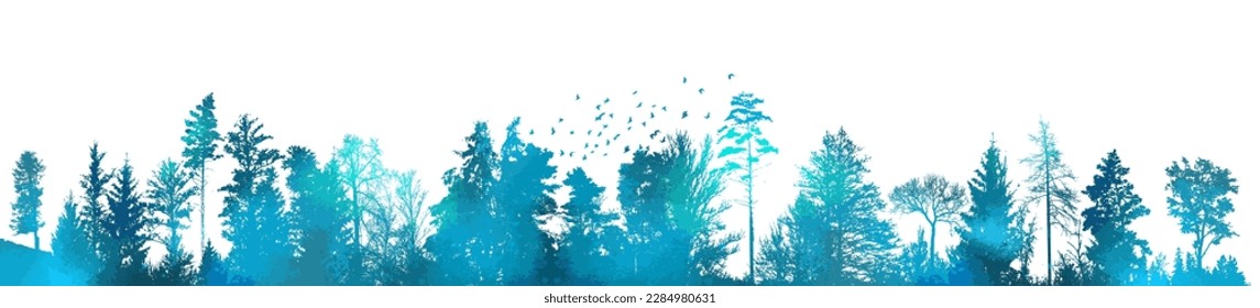 Vector misty forest landscape with detailed blue silhouettes of coniferous trees .