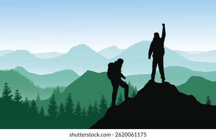Vector misty forested landscape with hikers on top of a mountain in victory pose.