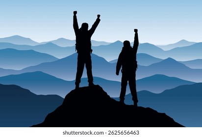 Vector misty forested landscape with hikers on top of a mountain in victory pose. - Powered by Shutterstock - Get 15% off with code: PIKWIZARD15