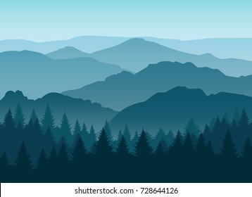 Vector misty or smokey blue mountain silhouettes background. Morning layered mountains with mist