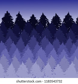 Vector misty spruce forest landscape. Brush silhouettes of coniferous trees. Vector violet illustration.