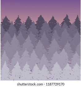 Vector misty spruce forest landscape. Brush silhouettes of coniferous trees. Vector violet illustration.
