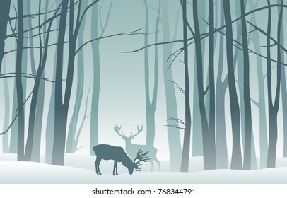 Vector misty winter landscape with silhouettes of trees and deer