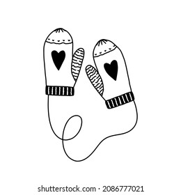 Vector mittens isolated on white background. Doodle mittens with string.