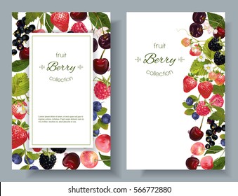 Vector mix berry vertical banners. Design for natural cosmetics, sweets and pastries filled with berry, dessert menu, health care products. With place for text