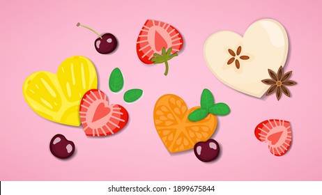 vector of mix fruit cut and slice in heart shape. Idea for Valentine's Day , Thanks giving, family and Healthy eating. Apple, strawberry, orange, lemon, cherry, star anise, mint leaf