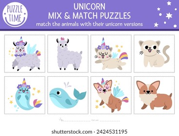 Vector mix and match puzzle with cute animals turned into unicorns. Matching fairytale activity for preschool kids. Magic, fantasy printable game with cat, corgi dog, llama, rainbow, narval
