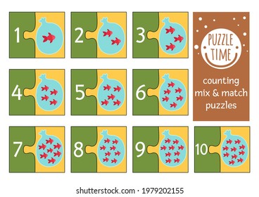 Vector mix and match puzzle with fish in plastic bag with water. Matching math activity for preschool children. Educational printable counting game for kids with cute animals


