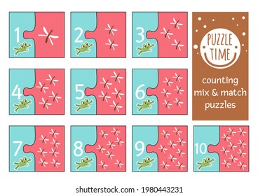 Vector mix and match puzzle with frog catching dragonflies. Matching math activity for preschool children. Educational printable counting game for kids with cute animal and insects
