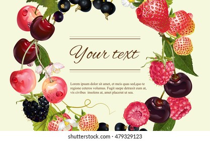Vector mixed berry banner. Design for tea, natural cosmetics, beauty store, dessert menu, organic health care products, perfume, aromatherapy. With place for text
