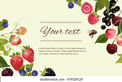 Pancarta de bayas mezcladas con vectores. Diseño para el té, cosméticos naturales, supermercado, menú de postres, productos de salud orgánicos, perfume, aromaterapia. Con lugar para texto