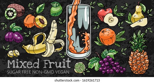 Vector mixed fruit advertising concept on black background. A glass with splashing liquid with various fruits like pineapple, apple, orange