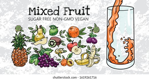 Vector mixed fruit advertising concept on white background. A glass with splashing liquid with various fruits like pineapple, apple, orange