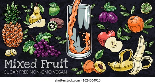 Vector mixed fruit advertising concept on black background. A glass with splashing liquid with various fruits like pineapple, apple, orange