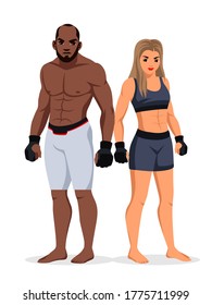 Vector mixed martial arts man and woman wrestler wearing sportswear standing isolated set on white background. Afro-american and caucasian sportsman and sportswoman. Boxing champion fighter character