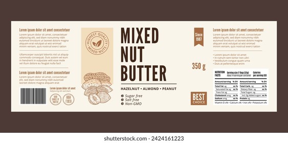 Vector mixed nut butter label. Mixed nut butter packaging design template. Almond, hazelnut, peanut