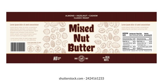 Vector mixed nut butter label. Mixed nut butter packaging design template. Almond, hazelnut, cashew