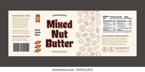 Vector mixed nut butter label. Mixed nut butter packaging design template. Almond, hazelnut, walnut