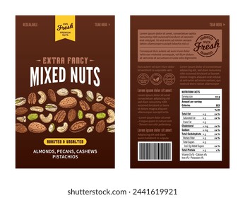 Vector mixed nut packaging design template. Almond, pecan, cashew, pistachio illustration