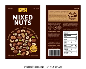 Vector mixed nut packaging design template. Almond, hazelnut, pecan, cashew, pistachio illustration