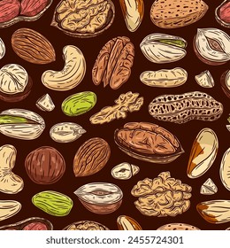 Vector mixed nuts dark seamless pattern or background. Nut kernels and nutshells illustration
