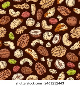 Vector mixed nuts dark seamless pattern or background. Nut kernels and nutshells illustration