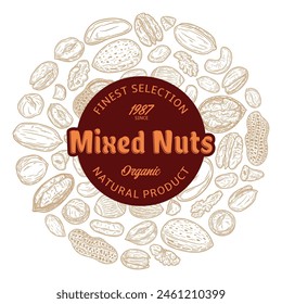 Vector mixed nuts label. Nuts seeds, kernels and shells hand-drawn vector icons