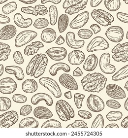 Vector de nueces mezcladas sin patrón o fondo. Núcleos de tuerca y cáscaras de nuez ilustración