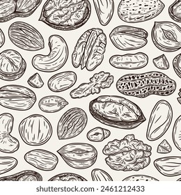 Vector mixed nuts seamless pattern or background. Nut kernels and nutshells illustration