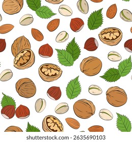 Vetor misto porcas padrão sem costura em um fundo branco. Núcleos de frutos de casca rija e ilustração do vetor de nozes. Fundo com nozes - amêndoa, caju, noz, pistache. Textura de alimentos para mercearia. 