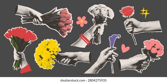 Vector mixed-media collage set of isolated hands holding flower bouquets with a retro dotted texture. Trendy cut-out halftone sticker elements of tulips, roses, and daffodils.
