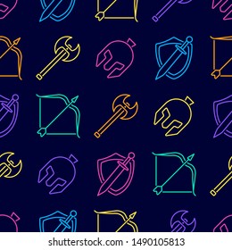 Vector MMORPG video game and esport set outline seamless pattern background.