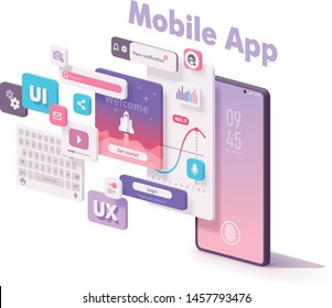 Vector Mobile App Creation Illustration. Software Engine, UX And UI, Programming, Application Launch, Multimedia Elements And Smartphone