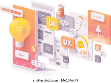 Vector mobile app creation illustration. Software engine, UX and UI, programming, application launch, multimedia elements and smartphone