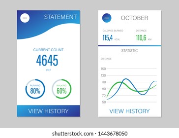 Vector mobile app design. Fitness app design template. White pattern with blue elements for a smartphone application.