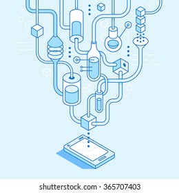 Vector mobile app development concept in trendy linear style - illustration for website or banner - application laboratory and work in progress - infographic design elements