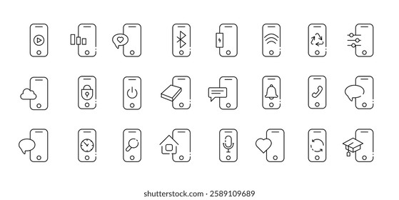Vector mobile app icons for communication and technology interfaces.