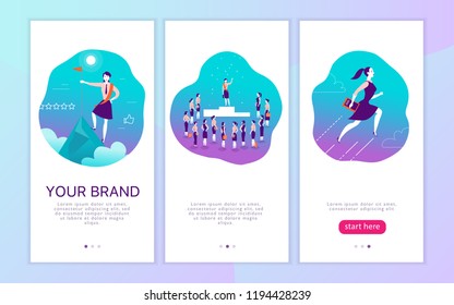 Vector mobile app interface concept design with woman personal brand theme. Victory metaphor for successful business lady. Landing page, UI site template design. Web banner, mobile app illustration.