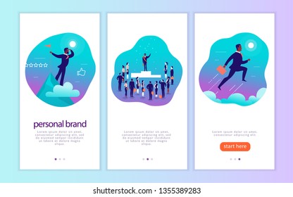 Vector mobile app interface concept design with man's personal brand theme. Victory metaphor for successful businessman. Landing page, UI site template design. Web banner, mobile app illustration.