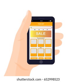 Vector mobile app interface design. Hand holding smartphone. e-commerce mobile website concept.