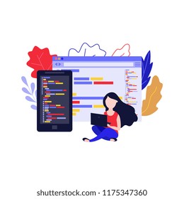 Vector mobile application development concept with young girl, woman sitting with legs crossed behind laptop device taping, making app design on smartphone, tablet devices windows background.