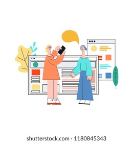 Vector mobile application development concept with young girl, woman man standing behind smartphone tablet devices windows background testing, developing discussing app design with empty speech bubble