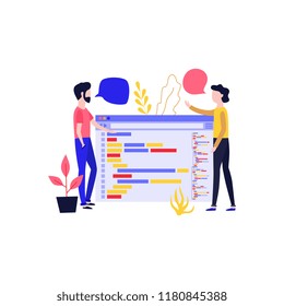 Vector mobile application development concept with young girl, woman and man disscussing design details, communicating with empty speech bubbles on smartphone, tablet devices windows background