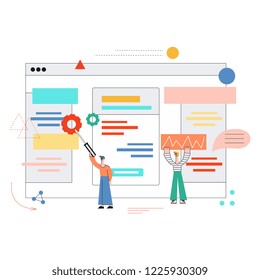 Vector mobile application development, teamwork concept poster with stylized young women and man making app design, creating interface for smartphone, tablet or laptop devices window background