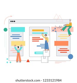 Vector mobile application development, teamwork concept poster with stylized young women and man making app design, creating interface for smartphone, tablet or laptop devices window background